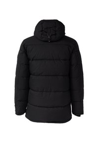 Schwarze Puffjacke mit Kapuze, horizontal gestepptem Design und Druckknopfverschluss. Strukturierter Stoff mit glatter Oberfläche.