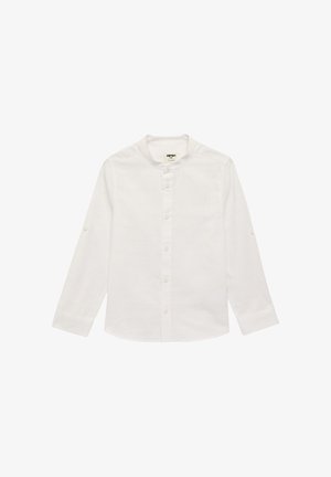 Camicia bianca a maniche lunghe con collo rotondo, chiusura frontale con bottoni e maniche arrotolabili. Realizzata in tessuto leggero e strutturato.