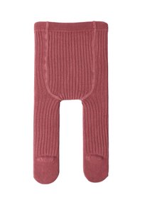 Collants côtelés rose avec une taille ajustée. Le tissu présente une texture douce et une zone de orteils renforcée.