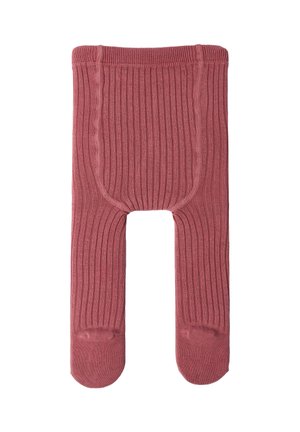 Rosenfarbene, gerippte Strumpfhosen mit einem enganliegenden Bund. Der Stoff hat eine weiche Textur und verstärkte Zehenpartie.