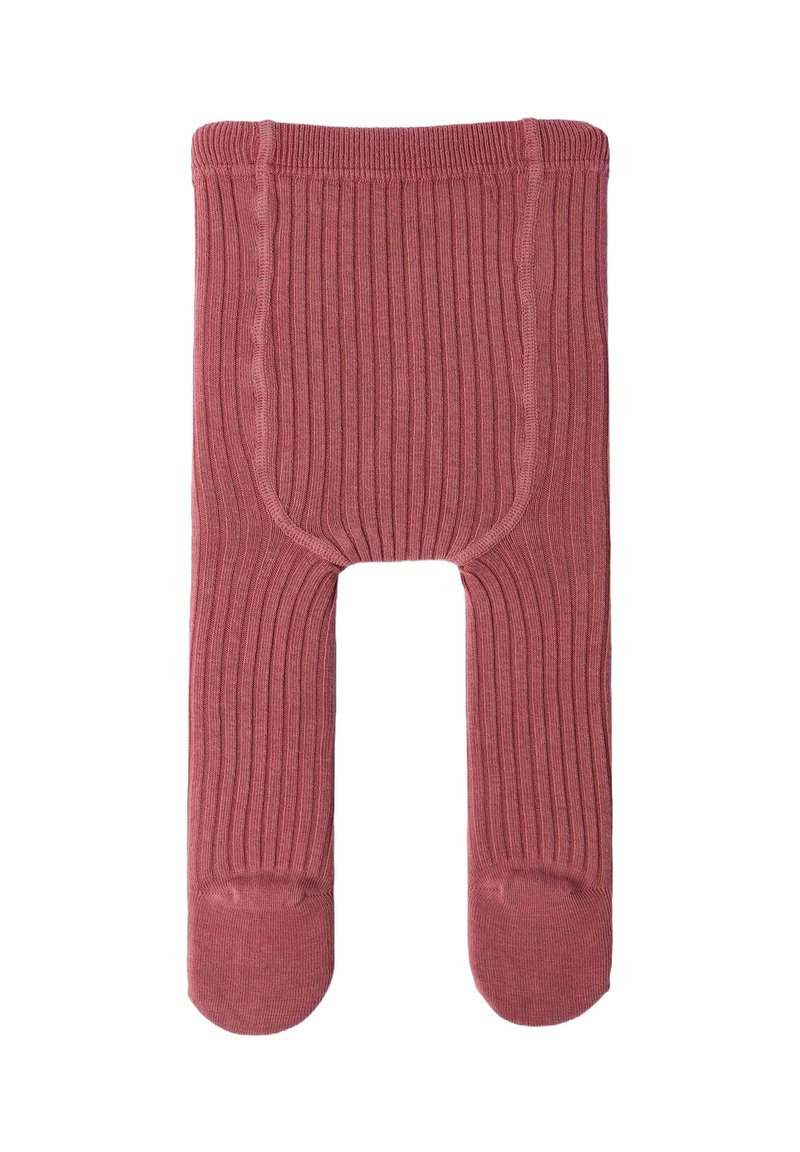 Collants côtelés rose avec une taille ajustée. Le tissu présente une texture douce et une zone de orteils renforcée.