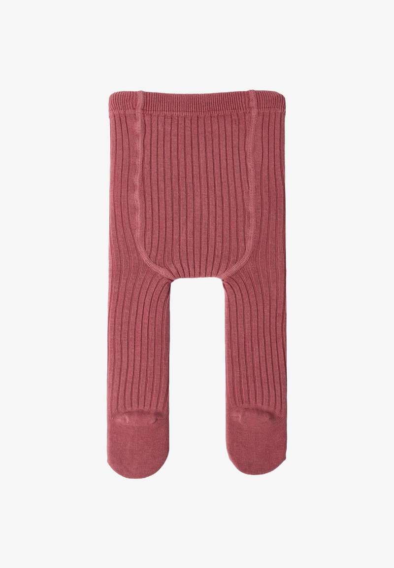 Różowe rajstopy w prążki z dopasowanym pasem w talii. Tkanina ma miękką fakturę i wzmocniony obszar palców.