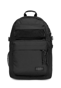 Black backpack with multiple zippered compartments, mesh pocket, sturdy straps, and a fabric logo label. Textured, durable material.