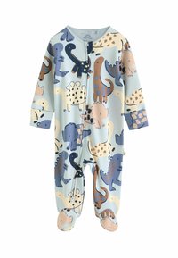 Langærmet baby romper i blød blå stof med et dinosaurprint i marineblå, brun og creme. Omfatter fødder og en frontlynlås.