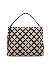 Borsa beige con motivo geometrico nero, tessuto texturizzato e una sottile tracolla nera. Presenta un accento in metallo dorato sulla cerniera.