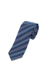 Marineblauer Krawatte mit diagonalen Streifen in Weiß und Hellblau. Strukturierter Stoff, zulaufendes Ende und gewickeltes Design, das das Muster präsentiert.
