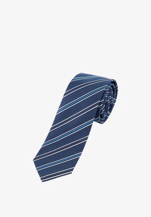 Námořnická kravata s diagonálními pruhy v bílé a světle modré barvě. Texturovaná látka, zúžený konec a stočený design, který ukazuje vzor.