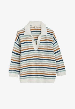 Striktrøje med lange ærmer med hvid krave, V-hals, med vandrette striber i blå, teal, tan og beige på hvid baggrund.