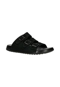 Infradito neri con tre cinturini regolabili, realizzati in morbido suede, con suola in gomma nera testurizzata e design minimalista.