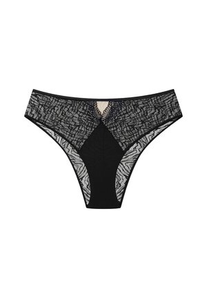 Black thong with lace paneling, featuring geometric patterns and a center cut-out. Soft fabric with contrasting sheer mesh sides.