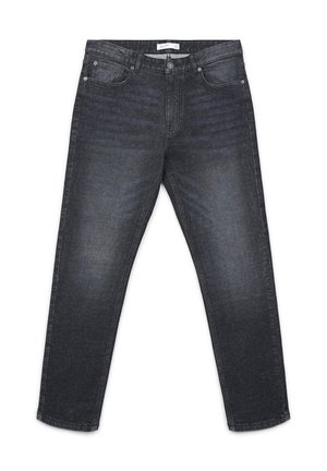 Jeans in denim grigio scuro con taglio dritto, design a cinque tasche e vita cucita. Presentano una leggera scoloritura e accessori in metallo.