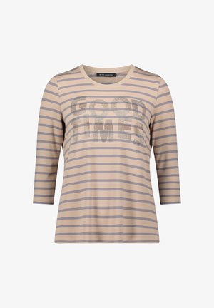 Beżowa bluzka z długim rękawem w paski z napisem "GOOD TIMES" w srebrnych ćwiekach, okrągły dekolt i lekko rozszerzany dół dla swobodnego kroju.