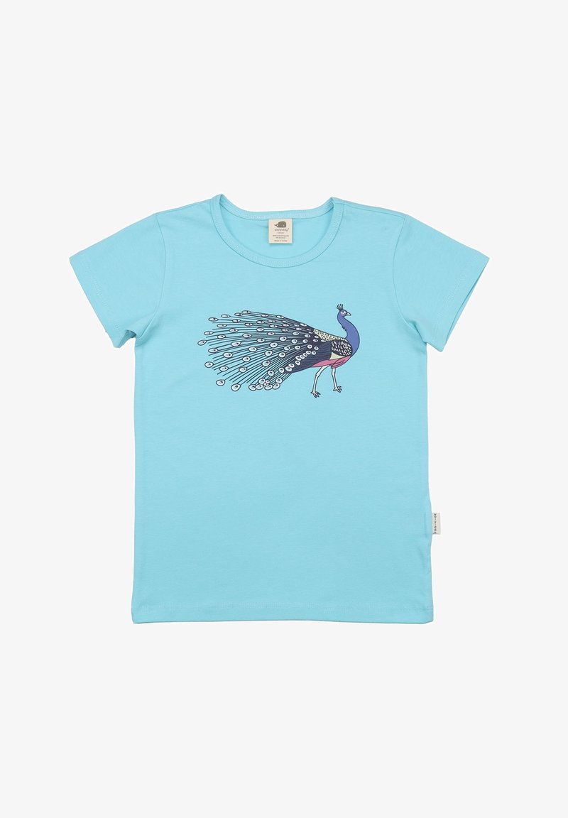 Light blue cotton t-shirt with short sleeves featuring a peacock graphic in purple and black with intricate eye patterns on its tail.