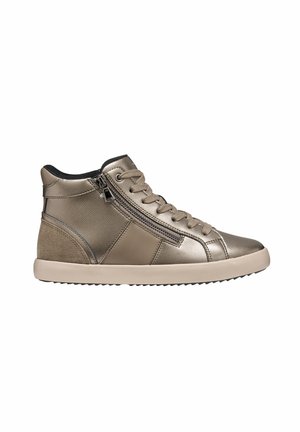 High-top metallic bronze sneaker with side zipper, lace-up front, textured panels, and beige rubber sole on white background.