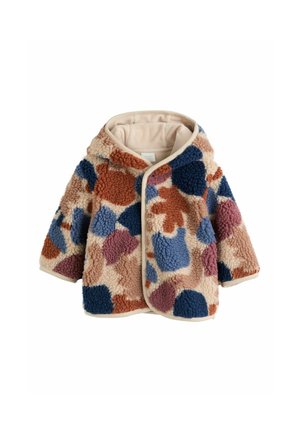 Toddler fleece jacket with hood in irregular multi-color patches of blue, rust, purple, and beige on a cream background.