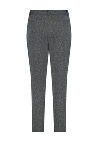 Schneidernetzelhosen im grauen Fischgrätenmuster. Sie verfügen über eine schmale Passform, eine glatte Textur und einen flachen Bund ohne sichtbare Verschlüsse.