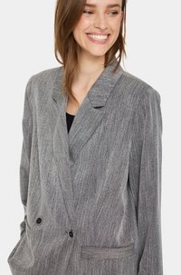 Gray blazer featuring a textured fabric, double-breasted design with black buttons, wide lapels, and a structured fit.