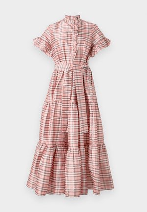 Roza karo obleka maxi s naborki na izrezu, kratkimi napihnjenimi rokavi, ozkim pasom in večstopenjskim krilom, z gumbi na sprednji strani in pasom za zavezovanje.