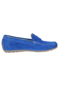 Blaue Wildleder-Slipper mit flacher Gummisohle, kontrastierenden Nähten und strukturierten Details an der Vorder- und Rückseite. Verfügt über ein gestreiftes Futter.