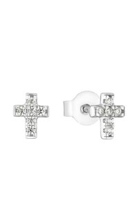Orecchini a croce in argento con finitura liscia e pietre preziose trasparenti incastonate nelle braccia, fissati con un perno sul retro.