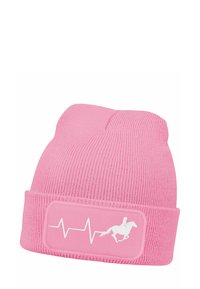Pink knitted beanie with a folded cuff. Features a white graphic of a horse and rider alongside a heartbeat line on the cuff.