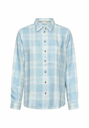 Light blue and white plaid long-sleeve button-up shirt with a chest pocket and a classic collar.