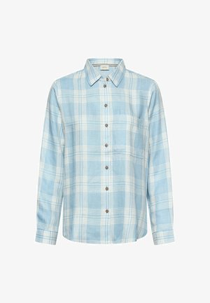 Chemise à manches longues à carreaux bleu clair et blanc, avec poche poitrine et col classique.