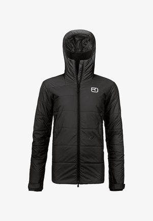 Black insulated jacket with a zip front, hood, and long sleeves. Features a textured finish and logo on the upper left chest.