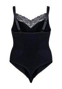 Black bodysuit with lace trim at the neckline, adjustable straps, and ribbed texture. Features a fitted design with a smooth finish.