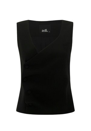 Top senza maniche nero con scollo a V, design incrociato, cinque bottoni sul davanti e una piccola tasca sul petto. Realizzato in tessuto morbido.