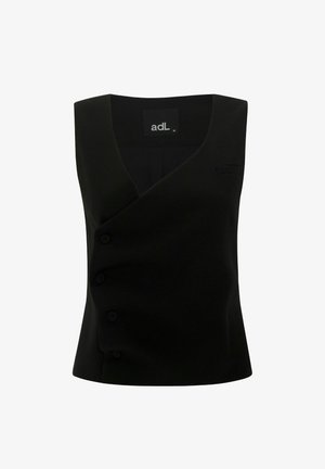 Top senza maniche nero con scollo a V, design incrociato, cinque bottoni sul davanti e una piccola tasca sul petto. Realizzato in tessuto morbido.