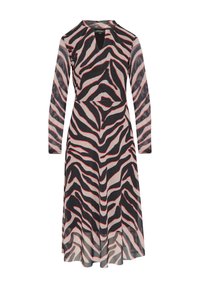 Robe à manches longues en tissu léger avec un motif zébré rose et noir, des accents rouges et un décolleté en forme de trou de serrure.