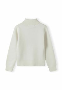Cremefarbener Pullover mit hohem Rippkragen, gerippten Bündchen und Saum. Glatte Stricktextur, keine sichtbaren Logos oder Muster.