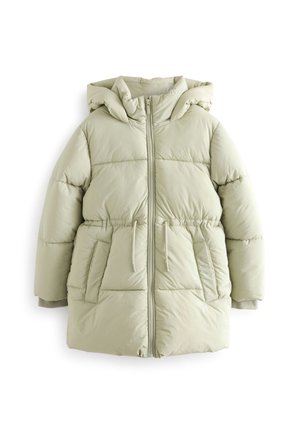 Hellbeiger, gesteppter Wintermantel mit Kapuze, vorn mit Reißverschluss, Taillen-Zugband, zwei Seitentaschen und gerippten Bündchen.