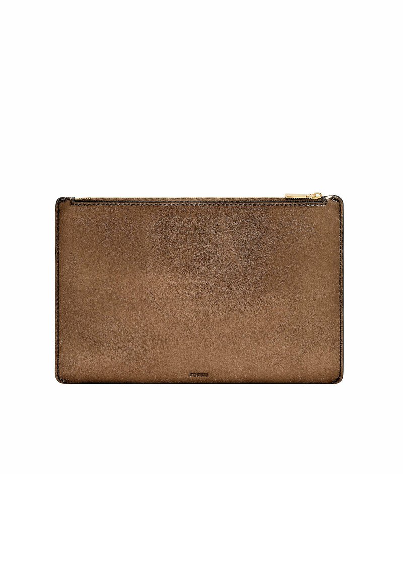 Braune Leder-Clutch mit einer glatten Textur, rechteckiger Form und einem goldenen Reißverschlussakzent am oberen Ende. Minimalistisches Design ohne Muster.