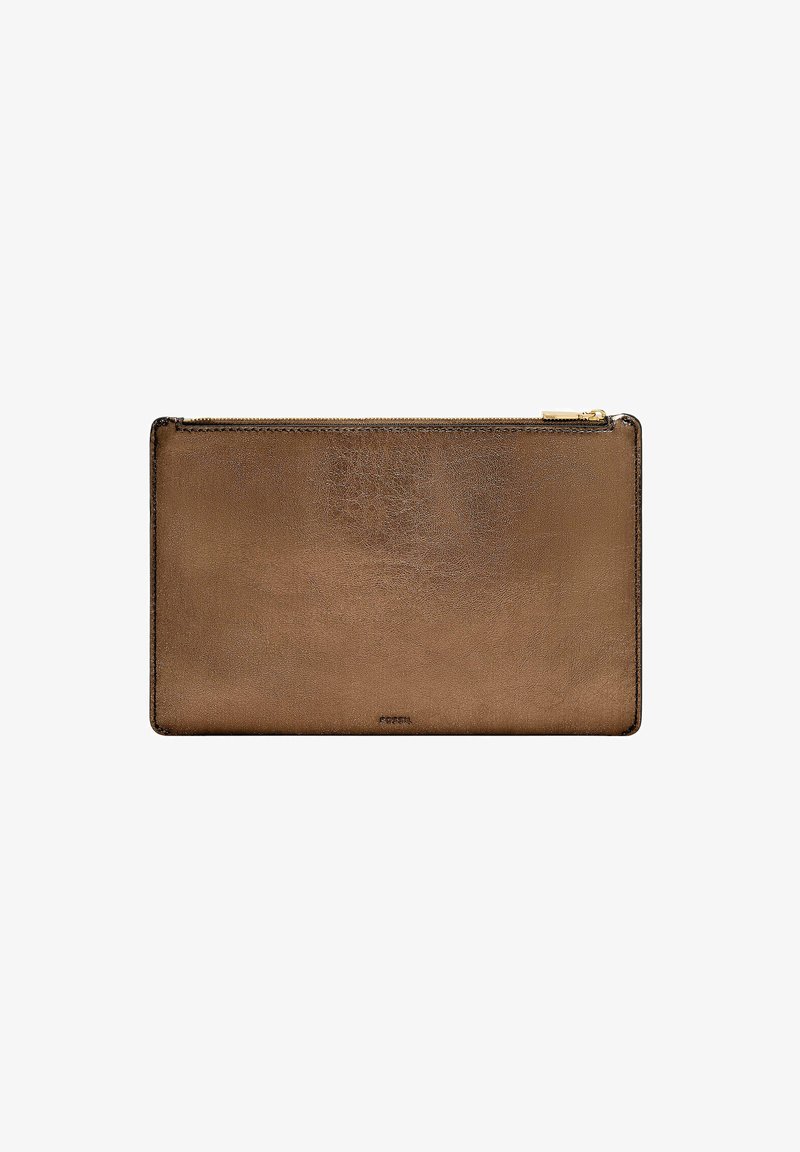 Brown leather clutch bag with a smooth texture, rectangular shape, and a gold zipper accent at the top. Minimalist design with no patterns.