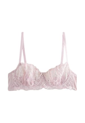 Delicate light pink lace bra with floral embroidery, adjustable thin straps, underwire cups, and a small bow with a pearl detail at center front.