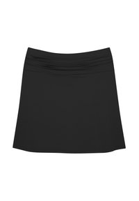 Črna krila z oprijetim pasom, izdelana iz gladkega blaga. Oblikovanje vključuje subtilne naborke na pasu in A-linijo.