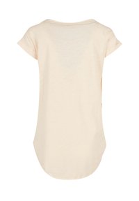 Light beige short-sleeve top with a round neckline, slightly longer back, and rolled sleeve cuffs, made of soft, textured fabric.