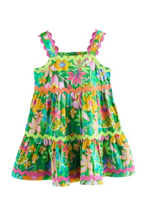 Ærmeløs grøn kjole med lyserøde, gule og orange blomsterprint og bølget kant langs stropper, liv og kant.