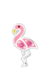 Roze flamingovormige bedel met zilveren accenten, versierd met roze en heldere kristallen, met gele details op de snavel.