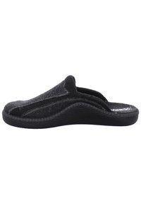 Zwarte instapslippers met een zachte vilten bovenkant, textuur outsole en contrasterende stiksels. Open rugontwerp voor gemakkelijk aan- en uittrekken.