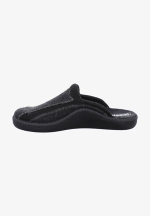 Black slip-on slippers with a soft felt upper, textured outsole, and contrasting stitching. Open back design for easy wear.