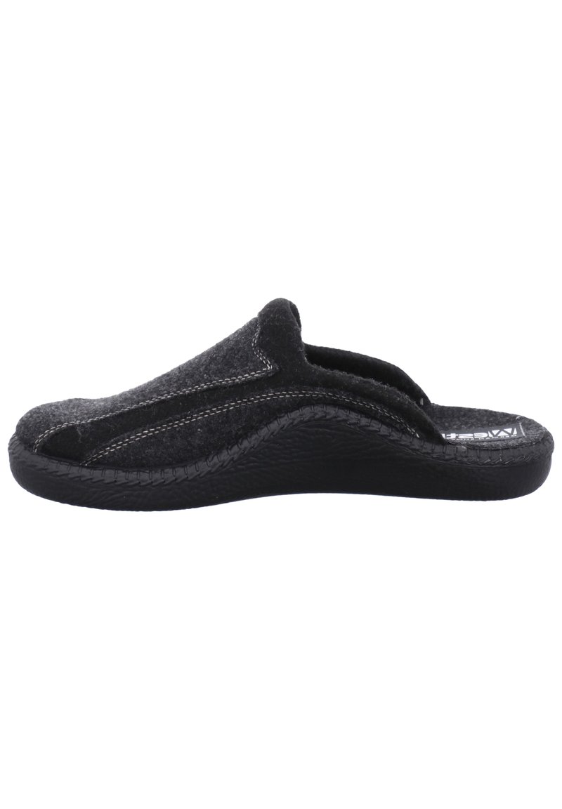Zwarte instapslippers met een zachte vilten bovenkant, textuur outsole en contrasterende stiksels. Open rugontwerp voor gemakkelijk aan- en uittrekken.