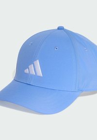Sky-blue baseball cap made of smooth fabric, featuring a curved brim and a white embroidered logo on the front.