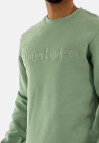 Felpa verde chiaro con logo "Timberland" in rilievo e design ad albero sul davanti, dotata di scollatura a girocollo e maniche lunghe.