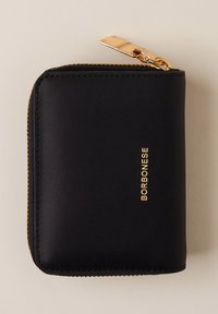 Portefeuille zippé en cuir noir avec fermeture éclair dorée et logo "BORBONESE" embossé en doré à l'avant.