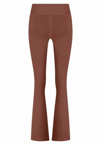 Braune, ausgestellte Leggings mit hoher Taille. Hergestellt aus elastischem Stoff, mit glatter Textur und ohne sichtbare Muster oder Akzente.