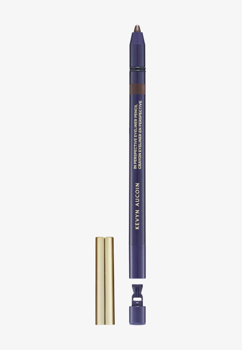 Lila Eyeliner-Stift mit einer goldenen und blauen, abgeschrägten Kappe. Verfügt über einen Drehmechanismus am Ende für eine kontrollierte Anwendung.