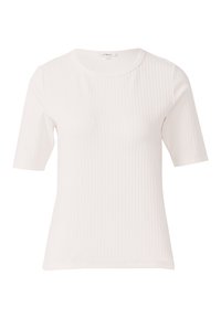Haut ajusté à manches courtes côtelé blanc avec un col rond. Texture lisse, ourlet droit et léger stretch dans le tissu.